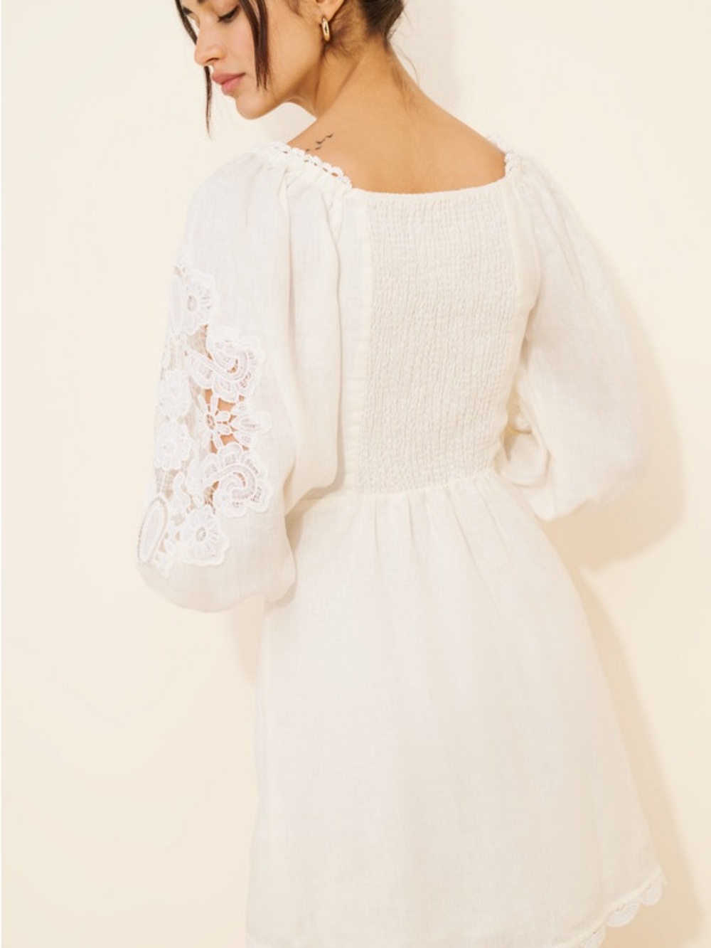 Farm Rio White Puff Long Sleeve Lace Linen Mini Dress - Picture 2 of 4
